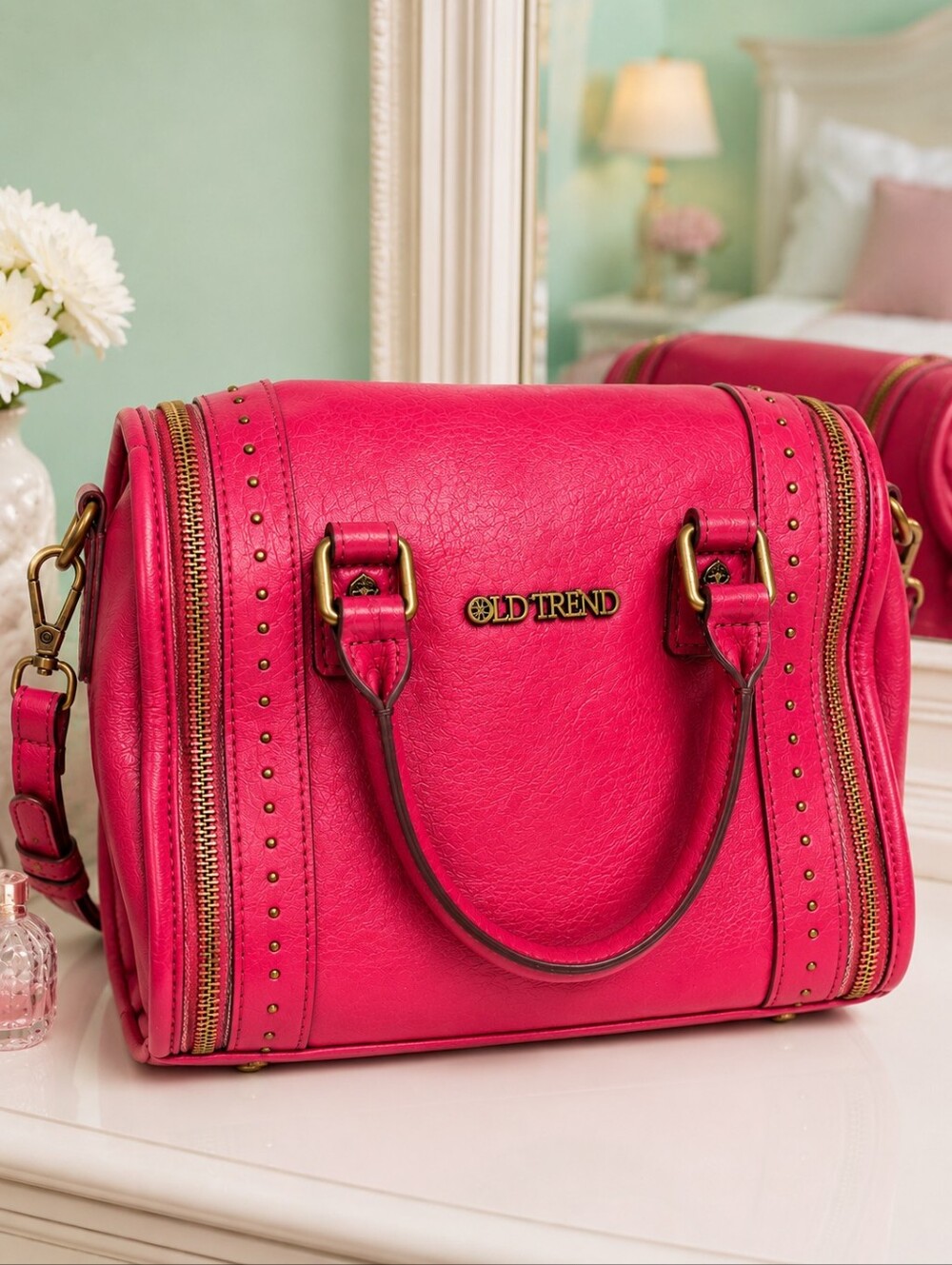 OLD TREND Fushia Pink Mini Trunk Genuine Leather Embellished Crossbody Bag